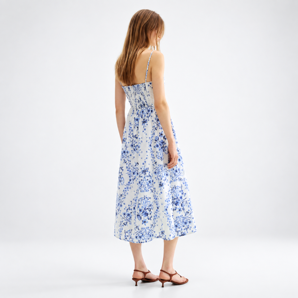 Blue & White Floral Smocked Midi Dress