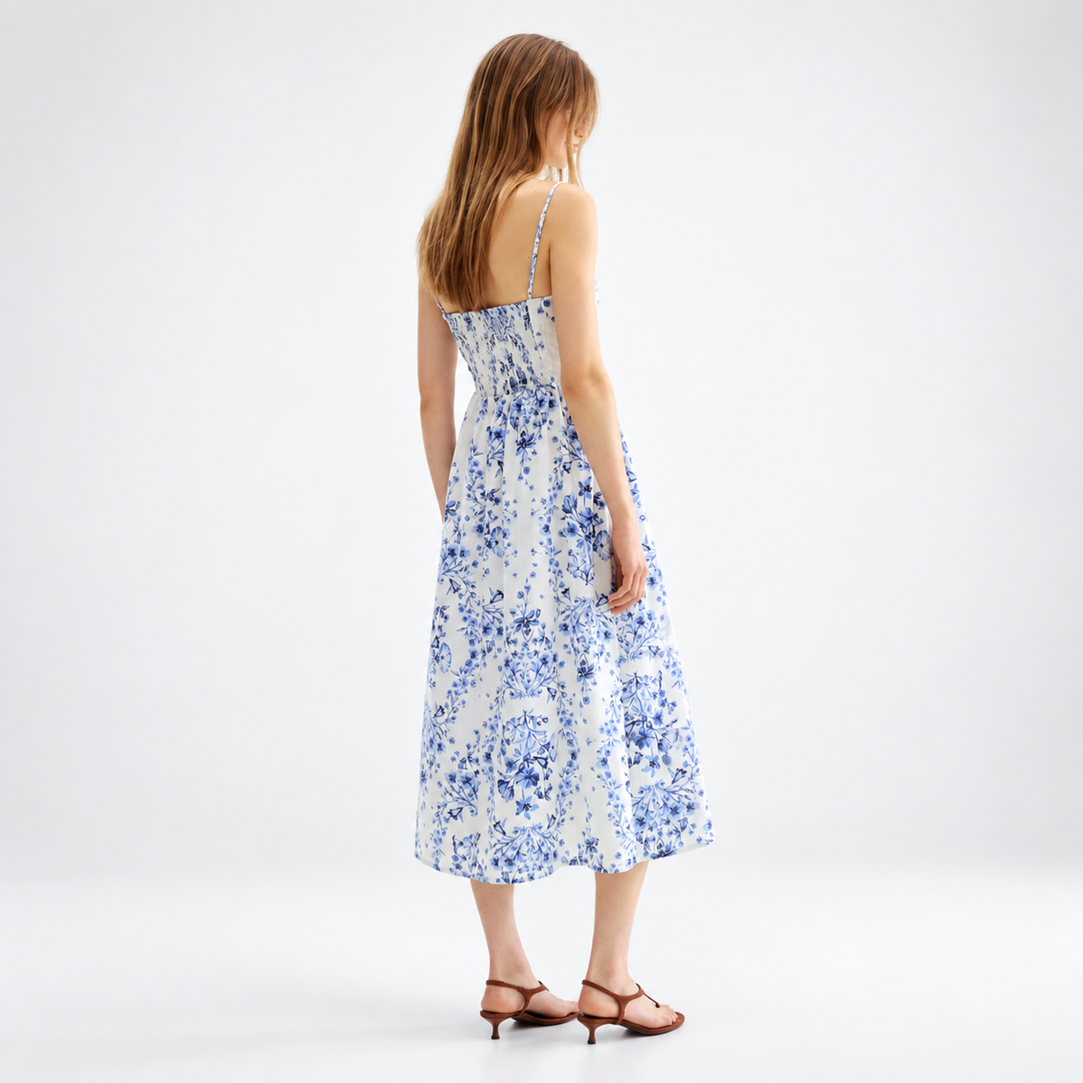 Blue & White Floral Smocked Midi Dress