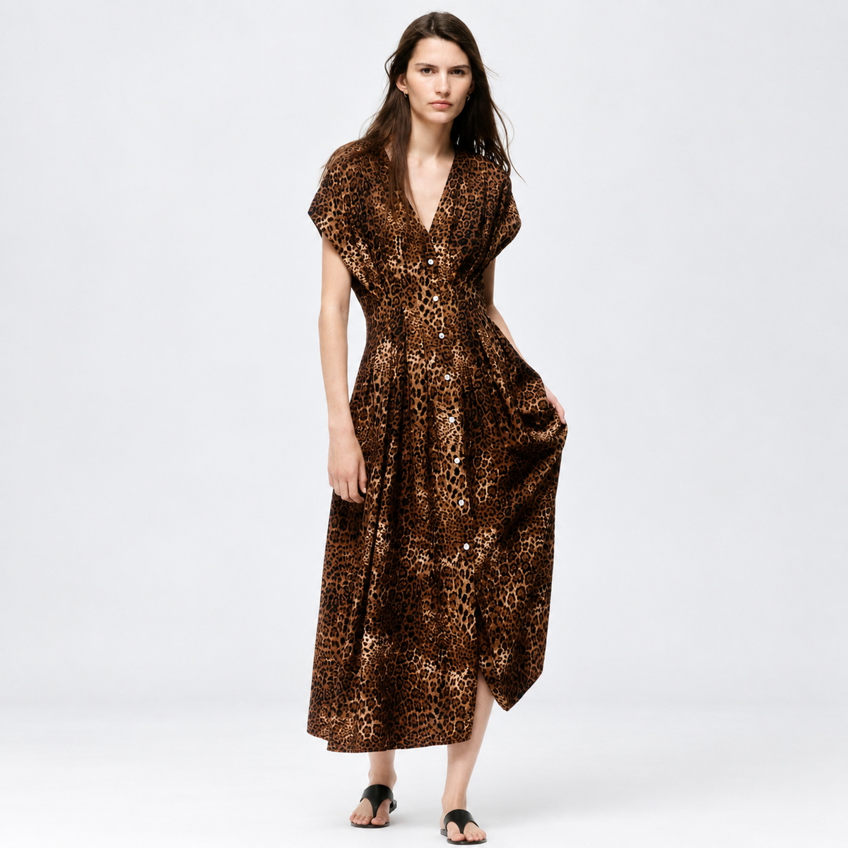 Button-Front Midi Dress