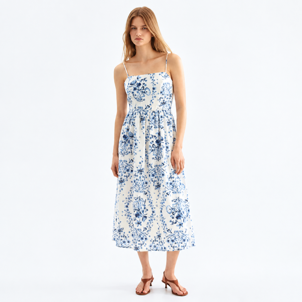Blue & White Floral Smocked Midi Dress