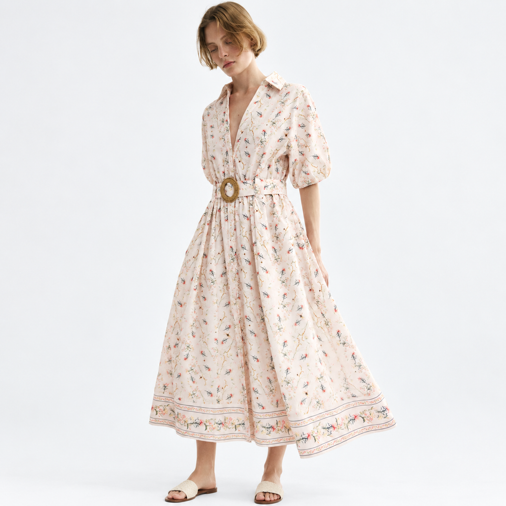Floral Cotton Poplin Belted Midi Dress