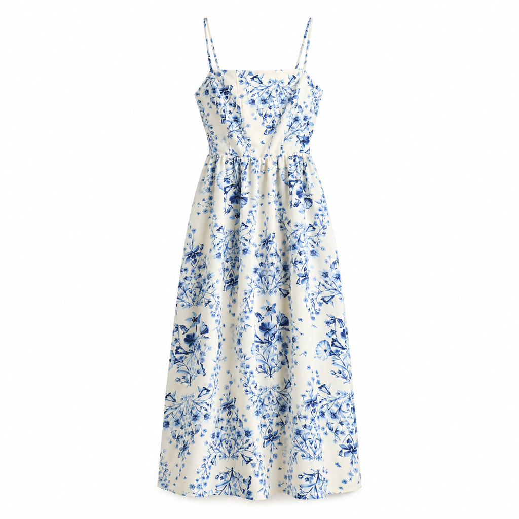 Blue & White Floral Smocked Midi Dress